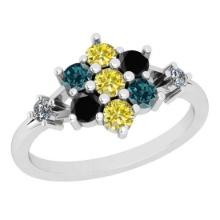 0.80 Ctw I2/I3 Multi Treated Fancy Blue,Black,Yellow And White Diamond 18K White Gold Flower Ring
