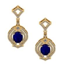 6.20 Ctw VS/SI1 Blue Sapphire And Diamond 14K Yellow Gold Dangling Earrings (ALL DIAMOND ARE LAB GRO