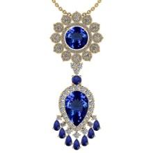Certified 15.49 Ctw VS/SI1 Tanzanite,Blue Sapphire And Diamond 14K Yellow Gold Vintage Style Necklac