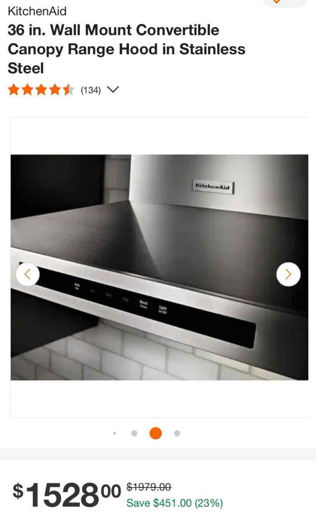 KitchenAid 36 in. Wall Mount Convertible Canopy Range Hood in Stainless Steel