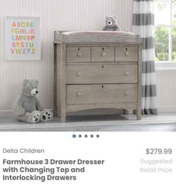 Delta Children Farmhouse 3 Drawer Dresser with Changing Top and Interlocking Drawers