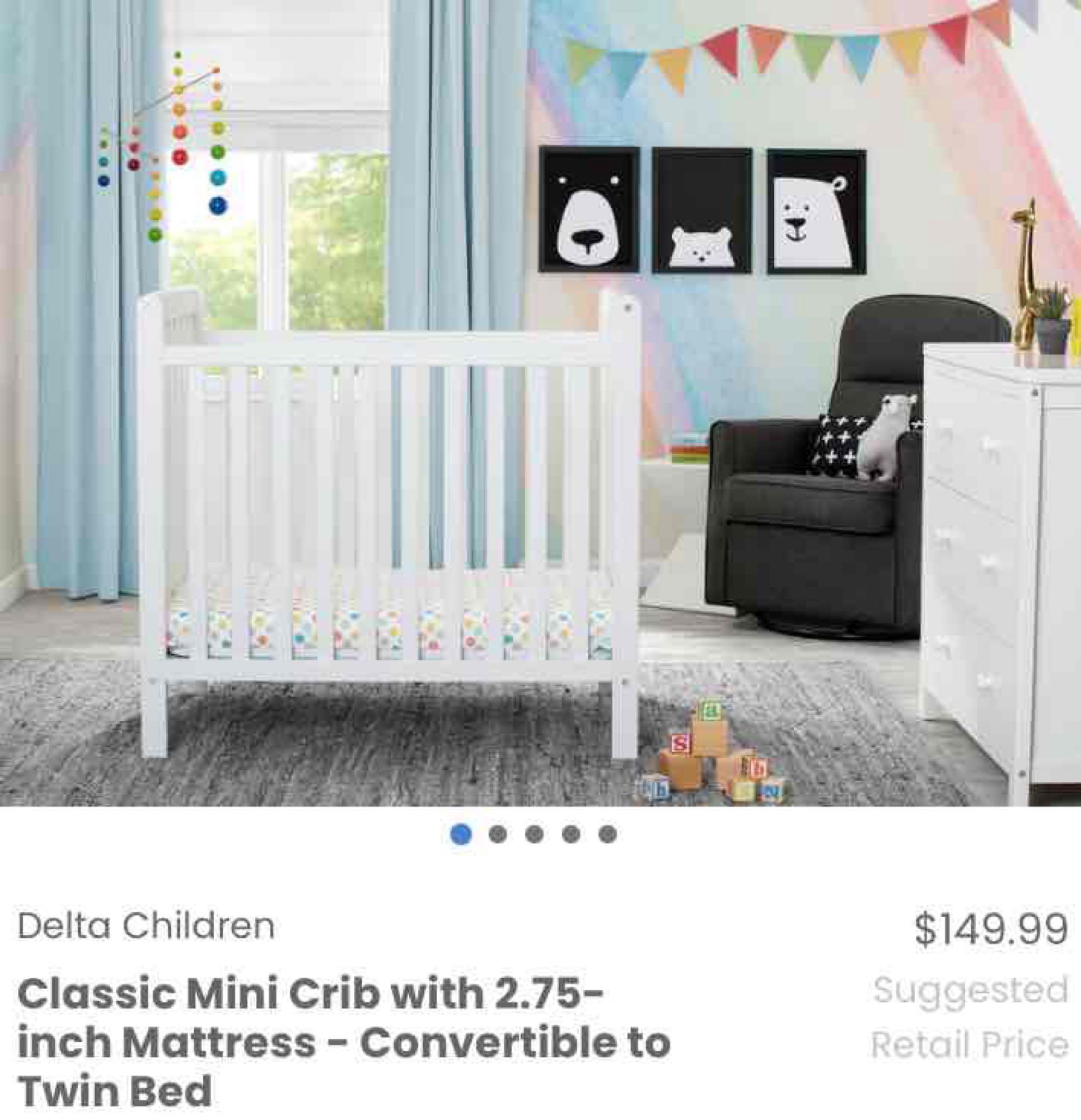 Delta Children Classic Mini Crib with 2.75-inch Mattress - Convertible to Twin Bed