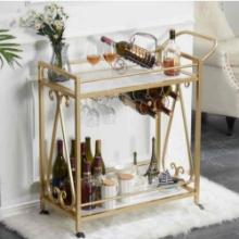 74x35x83 cm Keslecy 2 Tier Gold Bar Cart with Wine Rack and Glass Holder, Mobile Serving Cart with