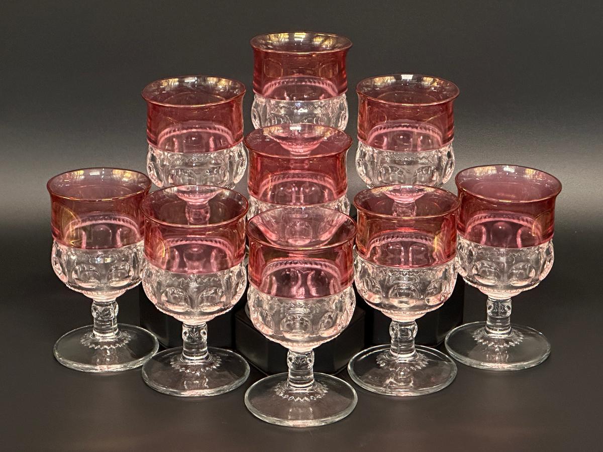 Set of 9 King's Crown Cranberry Thumbprint Goblets