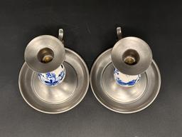Set of 2 Blue and White Ceramic and Silver Candlestick Holders