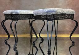 (2) Ornate Metal Padded Upholstered Stools