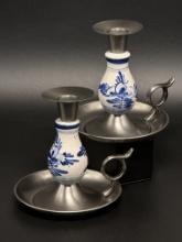 Set of 2 Blue and White Ceramic and Silver Candlestick Holders