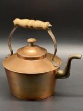 Copper Tea Pot with Brass Hardware and Wood Handle (Made in England)