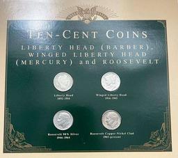 1913-1980 Barber Mercury & Roosevelt Silver Dime Collection in Album Page (4-coins 3-silver)