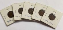 1918-1922 Lincoln Wheat Small Cents (5-coins)