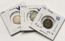 1851-1852-1856 Three Cent Silver Trimes (3-coins) VG