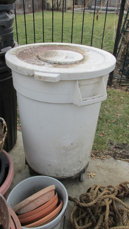 Garbage Cans, Lids, Gas Cans, Planters, Sprayer, & Rope - G2