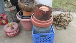 Garbage Cans, Lids, Gas Cans, Planters, Sprayer, & Rope - G2