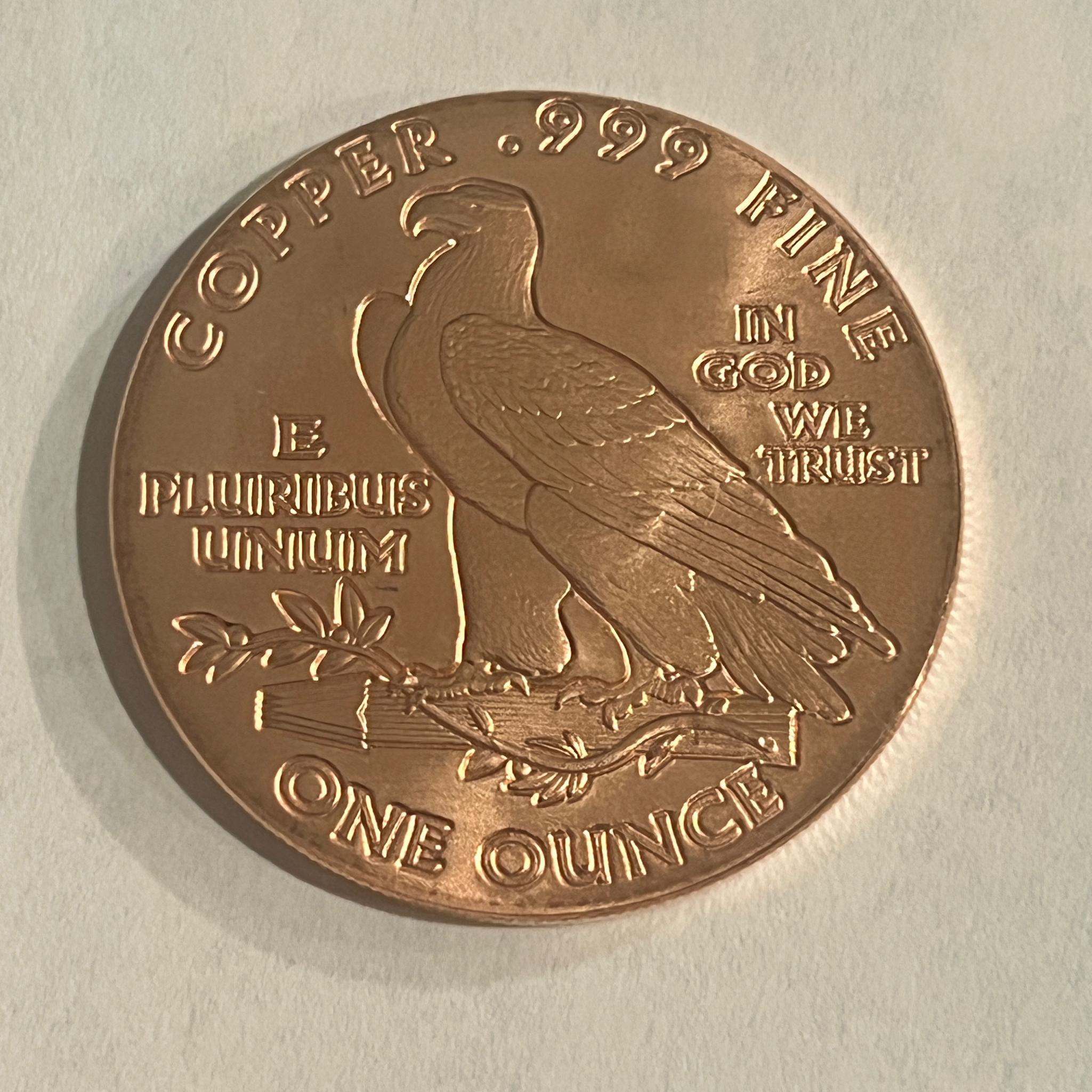 ONE OUNCE .999 COPPER ROUND, MADE IN THE LIKENESS OF A 1911 GOLD PIECE