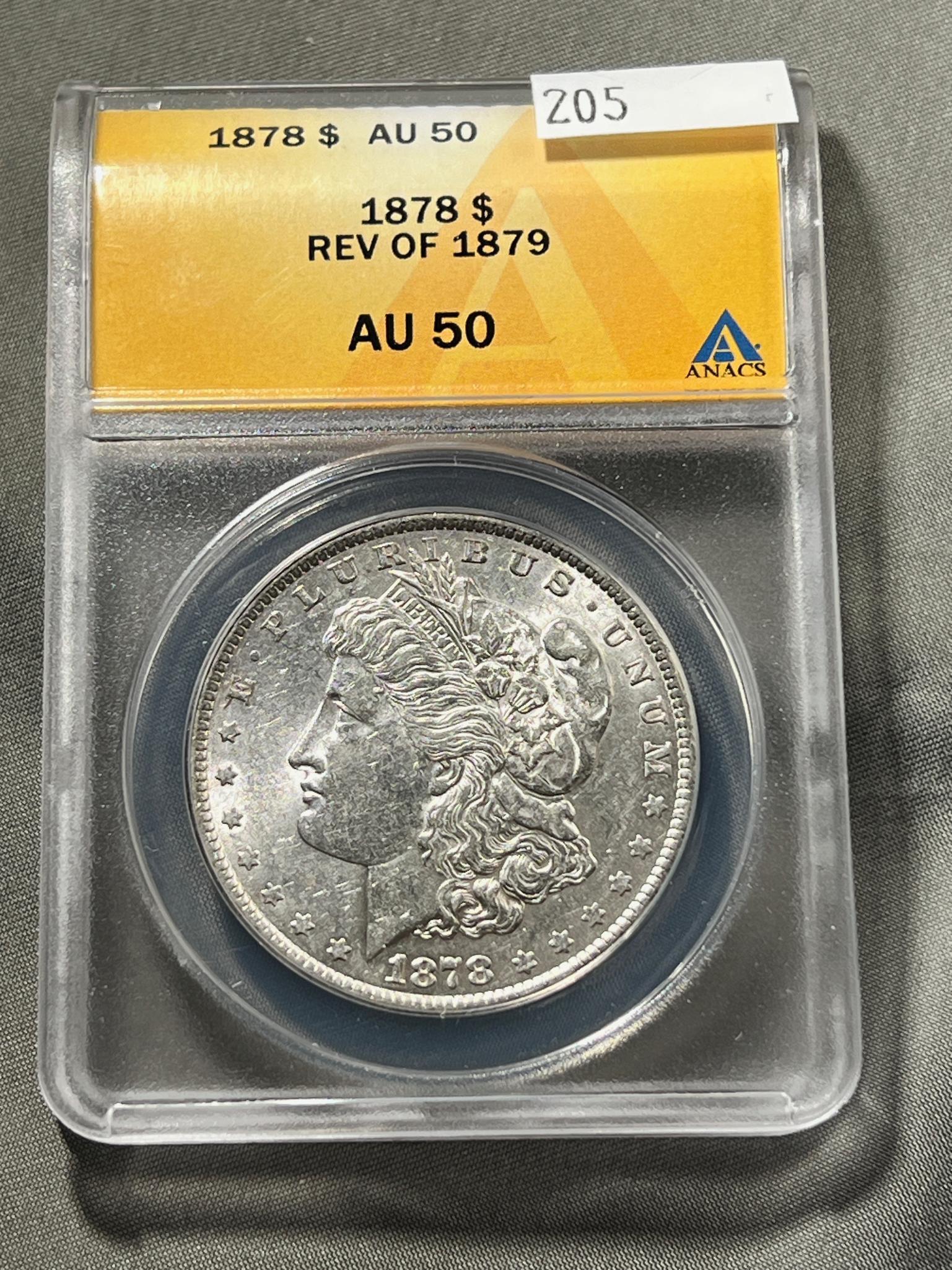 1878-S Reverse 1879 Morgan Silver Dollar in ANACS AU50 Holder