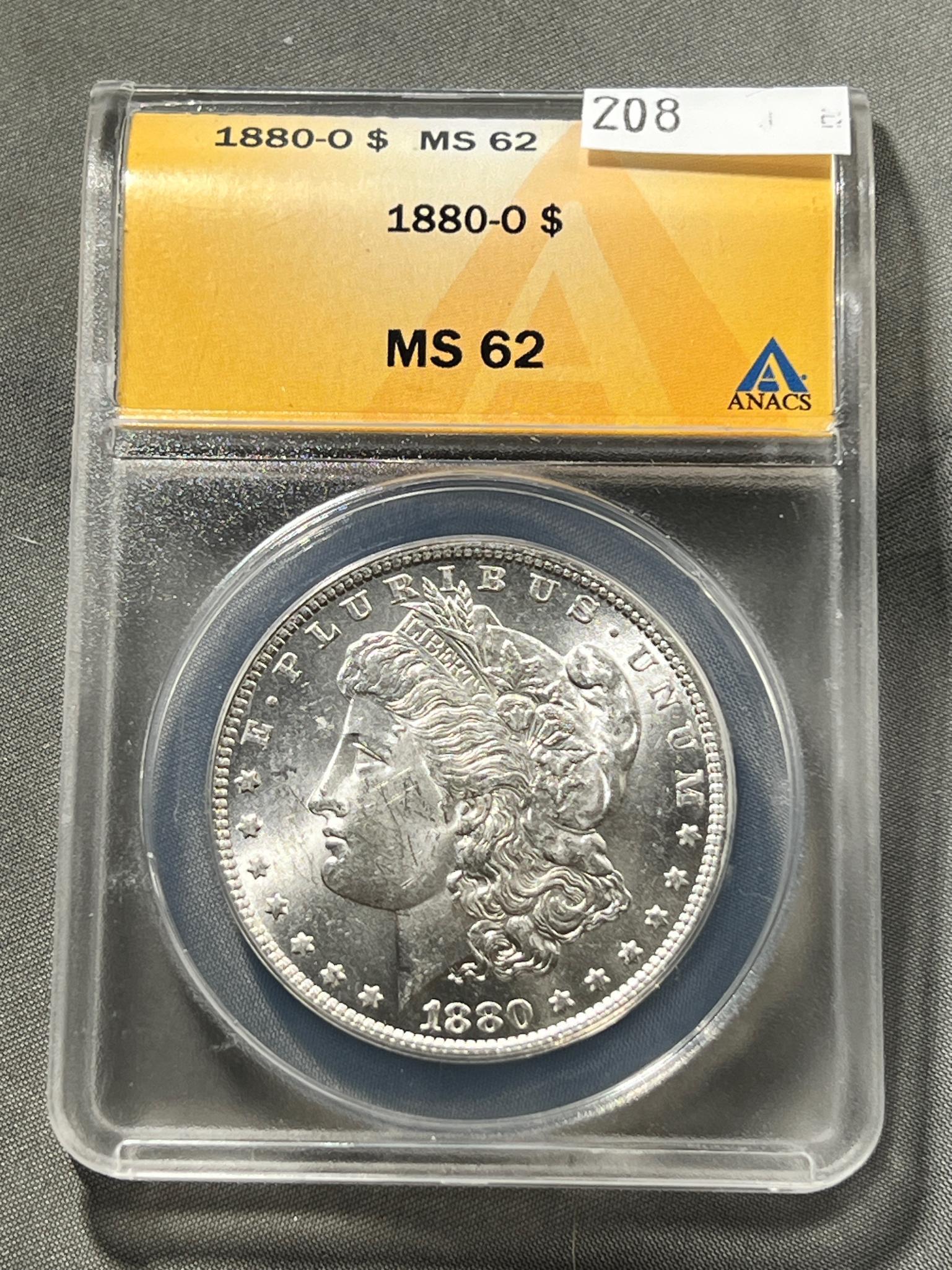 1880-O Morgan Silver Dollar in ANACS MS62 Holder