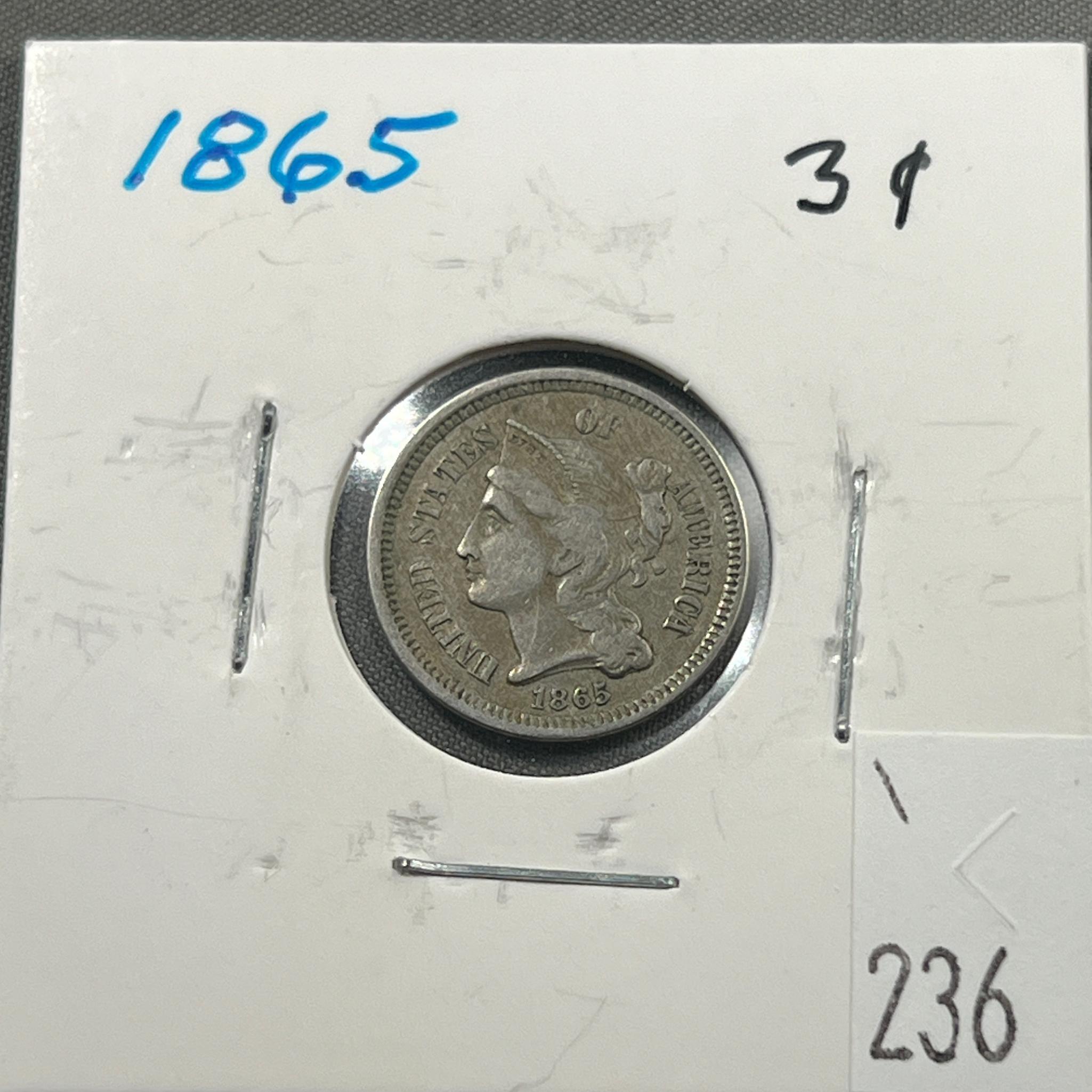 1865 US 3 Cent Nickel, Civil War Coin