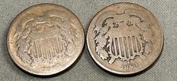 2- 1864 US 2 Cent Pieces, Civil War Coin