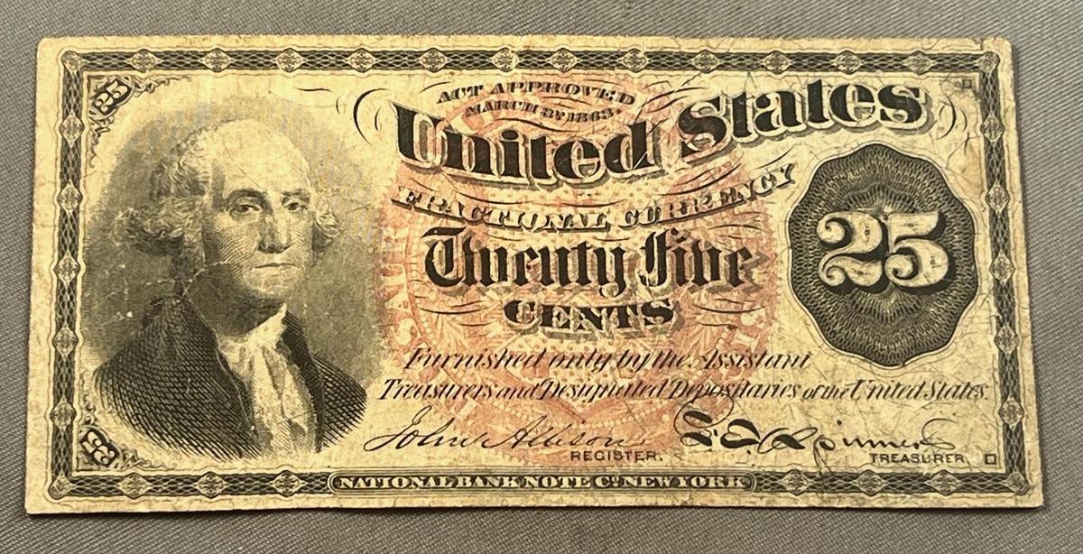 1863 25 Cent US Fractional Currency Note, Civil War Era
