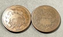 2- 1864 US 2 Cent Pieces, one is a very weak date, Civil War Coin