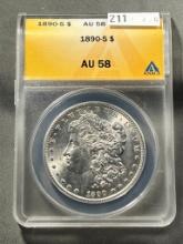 1890-S Morgan Silver Dollar in ANACS AU58 Holder