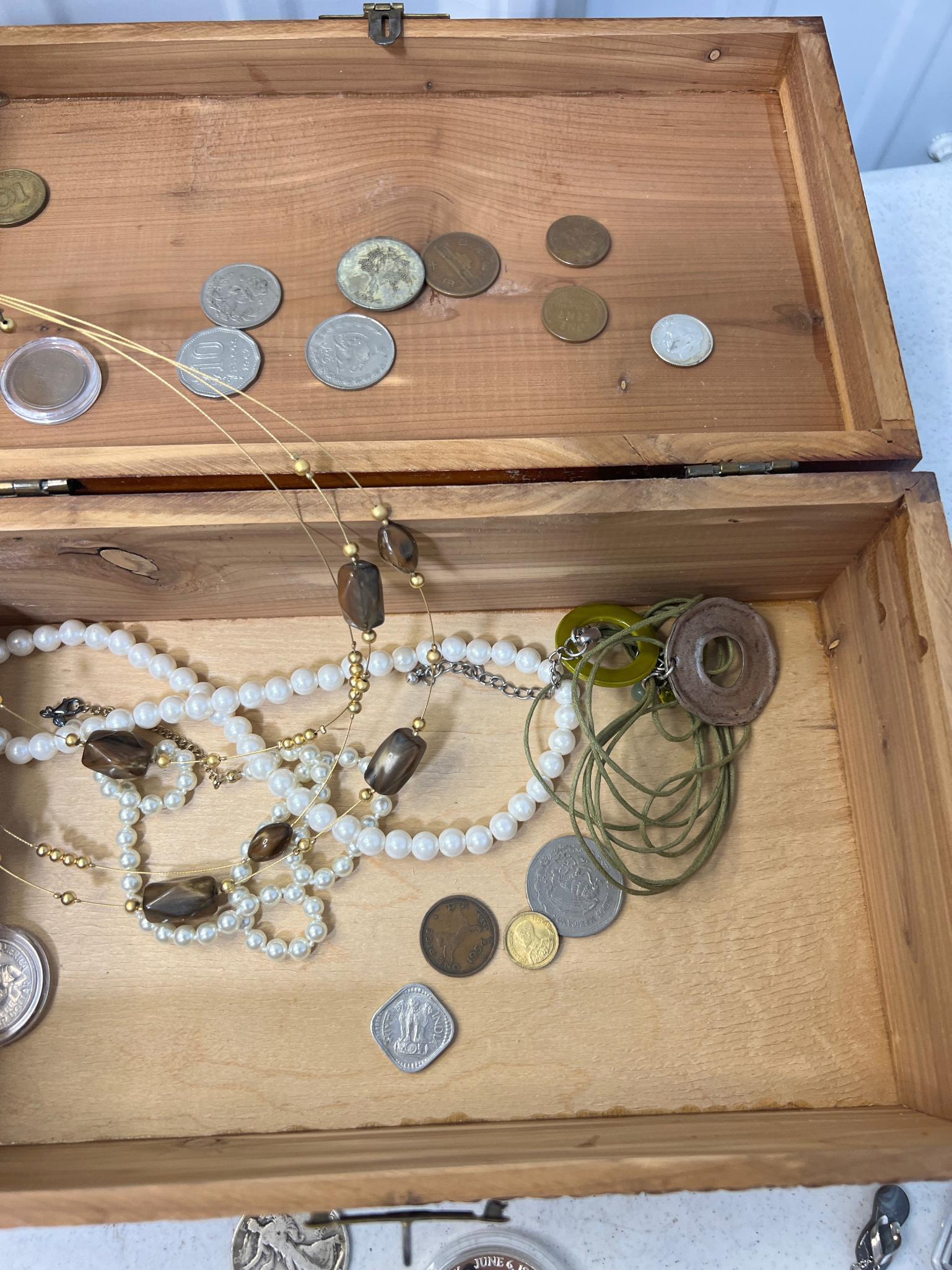 Jewelry box- loaded with coins and jewelry, see list below