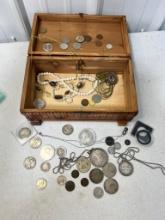 Jewelry box- loaded with coins and jewelry, see list below
