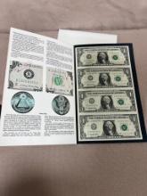 Uncut sheet of 4- 1995 $1.00 Federal Reserve notes