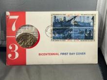 American Revolution Bicentennial Commemorative Medal w/ stamps and postmark