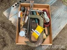 Flat of C-Clamp, putty knives, hitch pin etc