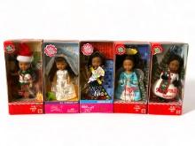 Five 'Kelly' Barbie Dolls - Elf Kelly, Lil Bridge Kelly, Miss Mia, Angel Desiree, and Snowman Tommy
