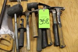 Lot of Assorted Hammers with Misc. Hand Tools, Mixers, Saw and Crowbar