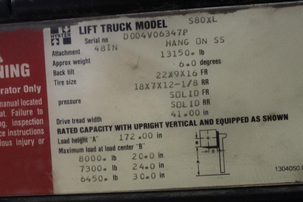 Hyster XL2 Forklift Model S80XL 8,000LB Capacity