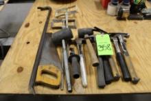Lot of Assorted Hammers with Misc. Hand Tools, Mixers, Saw and Crowbar