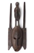 African Wood Carved Face Mask w/Bird