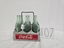 6 Pack Metal Coca-cola Carrier With With 6 Asst State Green Bottles