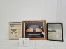 Set Of 3 Framed Ford Mustang And 1969 Mustang Advert On Bonneville Salt Flats And #14 Mustang Racing