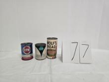 Lot Of 3 Oil Can Banks Rpm Supreme And Shamrock Equa Flow And Wolf's Head Good In Fair Cond
