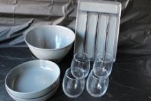 Misc Bowls with 4 Stemless Wine Glasses and plastic Utensil Drawer Organizer