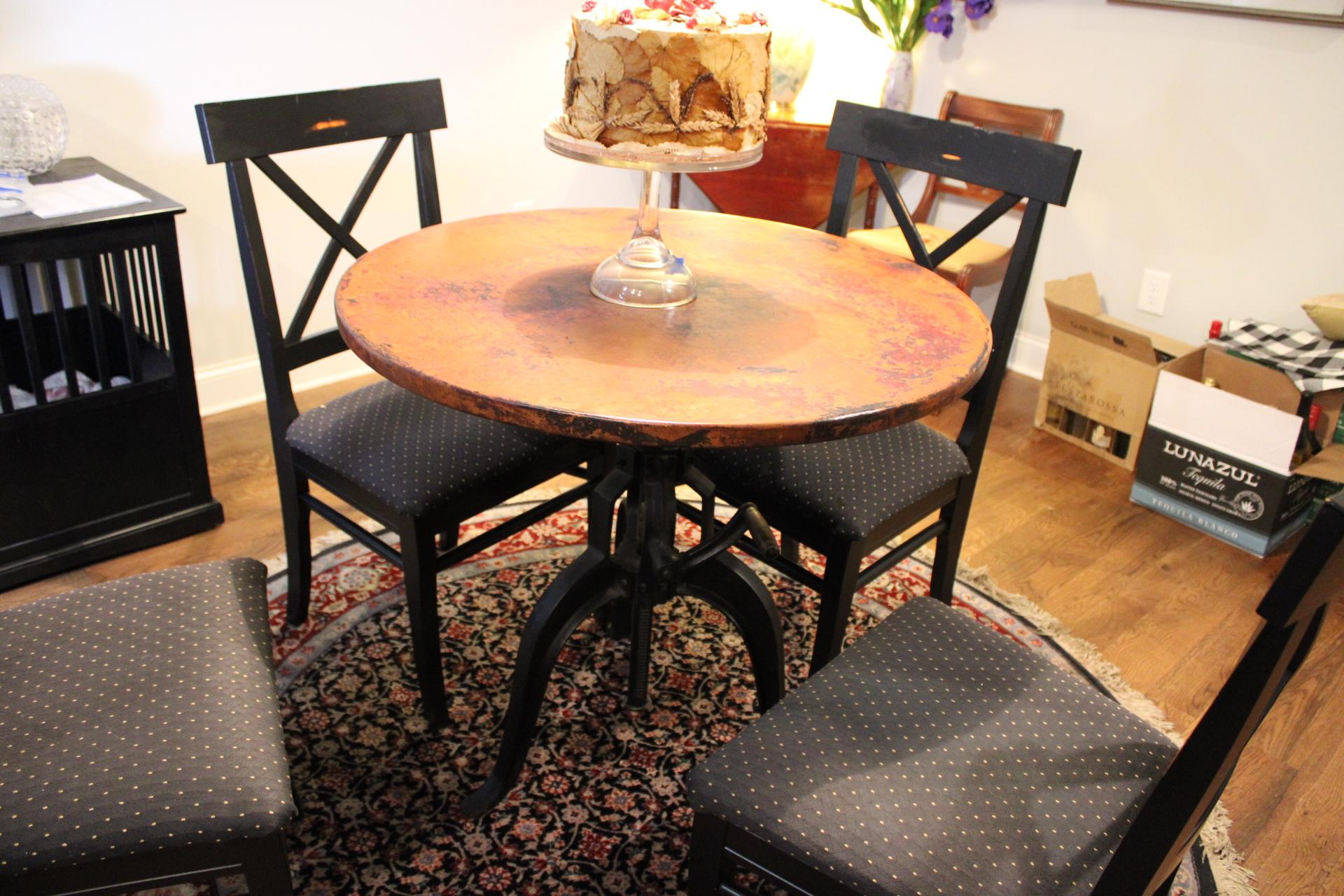 Copper Top Dining Table, Chairs and Rug