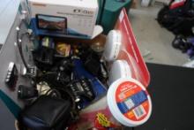 Box Lot of random items, car camera (new), binoculars (3) and other items.