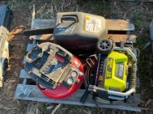 BULK LOT OF PORTER CABLE AIR COMPRESSOR, PRESSURE WASHER & CHAINSAW