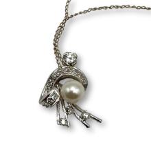 18K White Gold Pendant with Pearl and Diamonds on 14K White Gold Chain