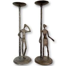 Pair of Brutalist Metal Candle Holders After Giacometti