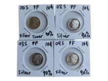 Lot of 4 Roosevelt Dimes - 2000, 2003-S, 2003-S & 2004-S - 90% Silver