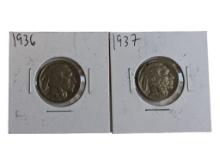 Lot of 2 Buffalo Nickels - 1936 & 1937