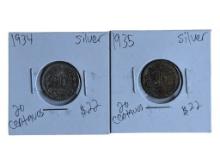 Lot of 2 - 20 Centavos - 1934 & 1935 - 90% Silver