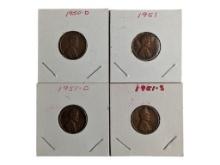 Lot of 4 Lincoln Wheat Pennies - 1950-D, 1951, 1951-D & 1951-S