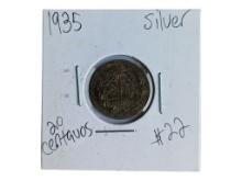 1935 20 Centavos - 90% Silver - Toned