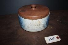 Butter crock with wooden lid, no handle, salt glaze